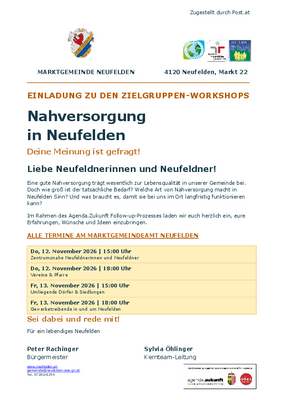 Einladung zu Nahversorgung-Workshops in Neufelden mit Peter Rachinger, Bürgermeister