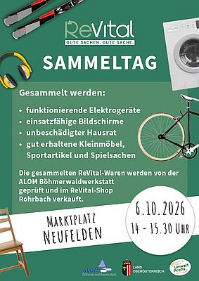 Sammeltag ReVital in Neufelden: gesammelte Elektrogeräte, Bildschirme, Hausrat, Kleinmöbel, Sport- und Spielsachen